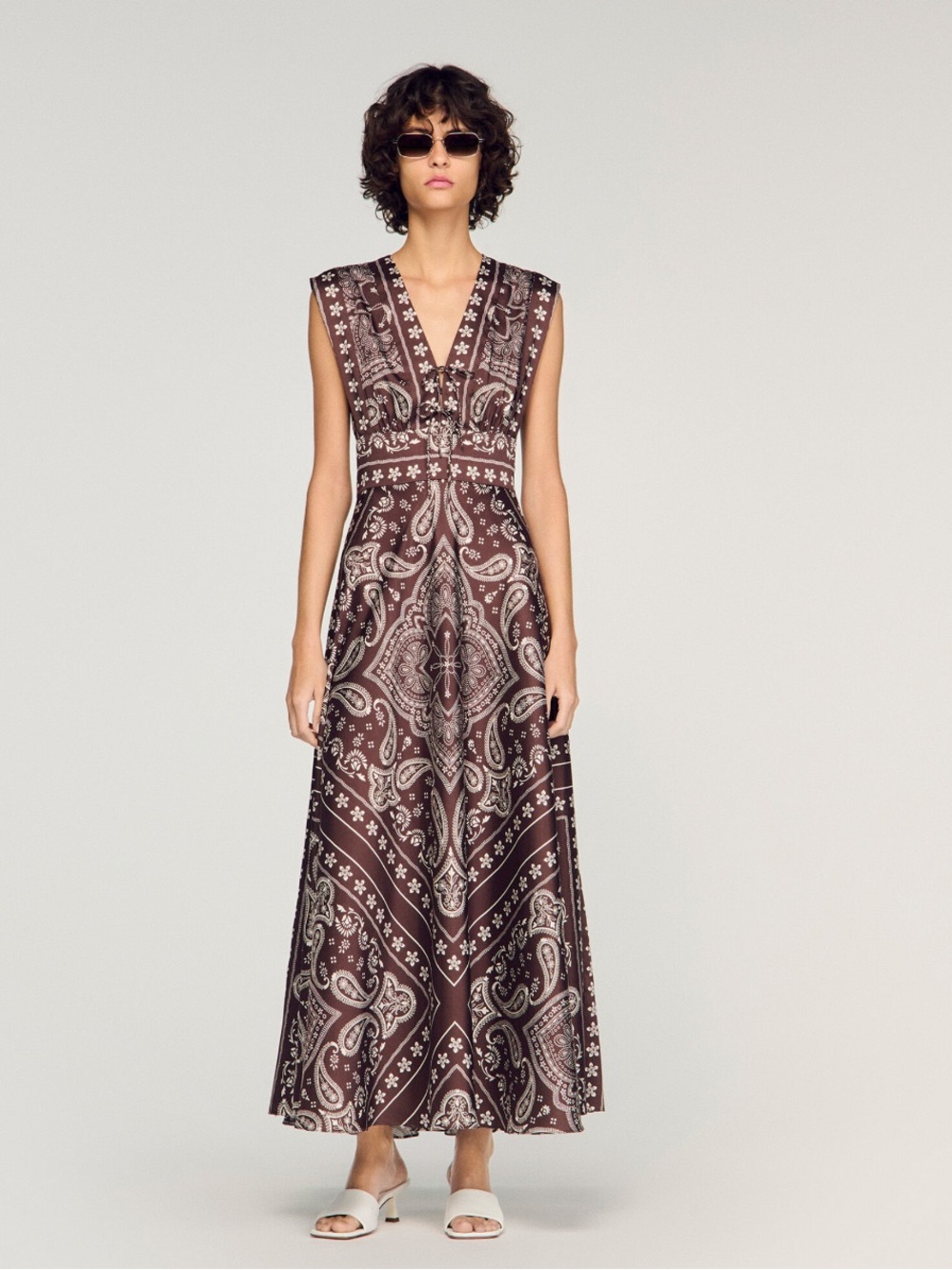 SANDRO bandana-print Maxi Dress in brown and white sz M